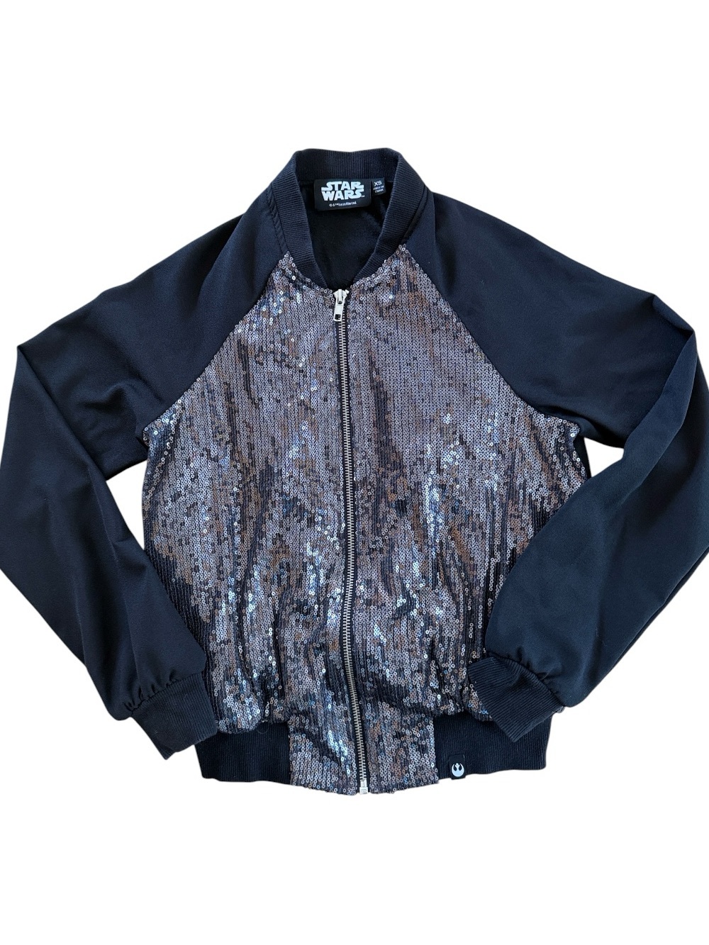 STAR WARS ROGUE ONE THEMED SILVER SEQUIN BOMBER JACKET REBEL ALLIANCE SYMBOL XSM